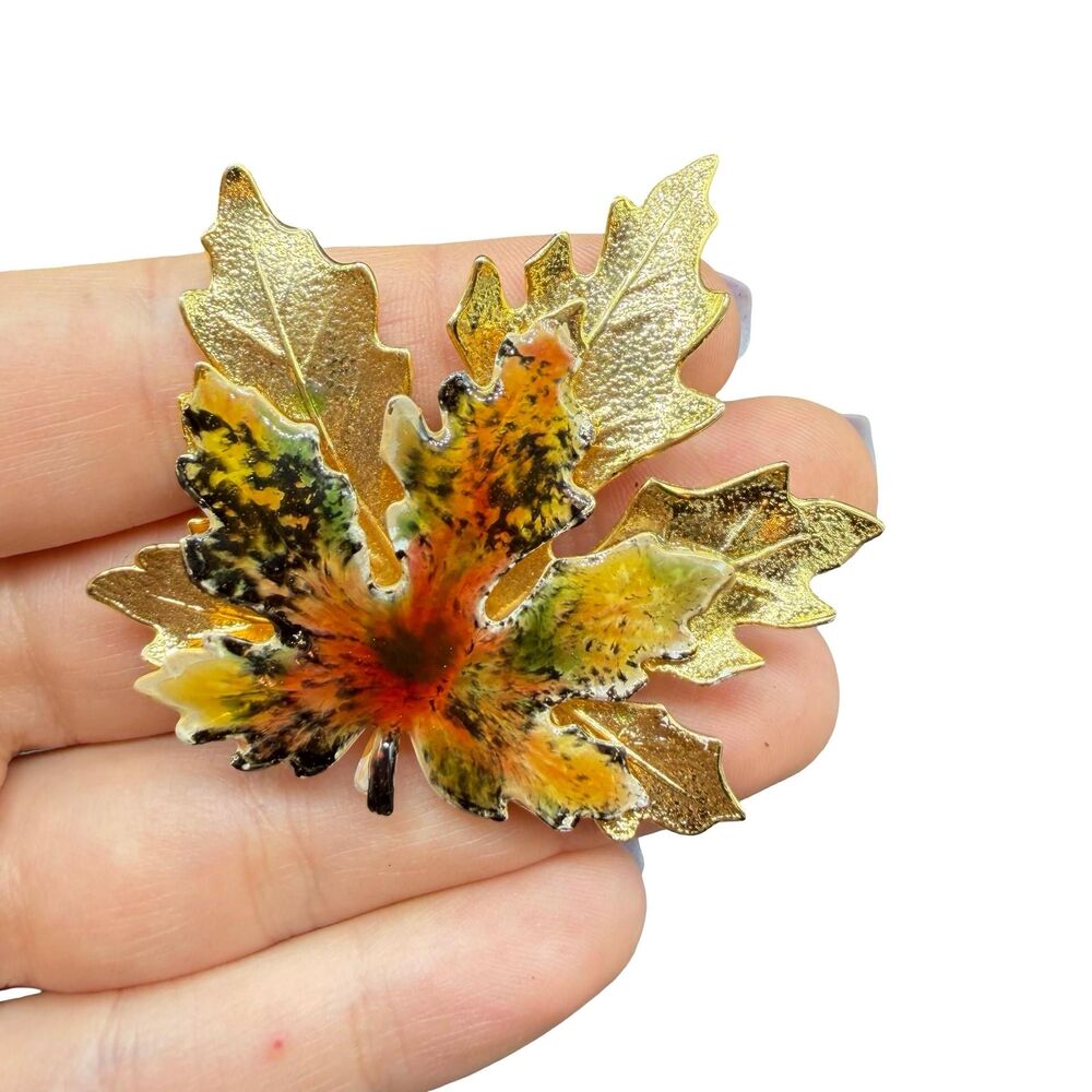 Vintage Jewelry Enamel Leaf Brooch Fall Leaves Pin Autumn Jewelry